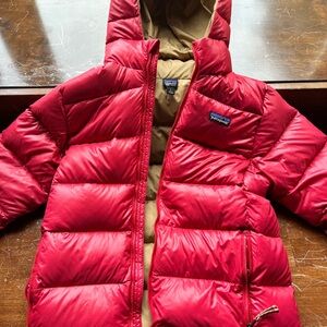 Patagonia Kids Red Puffer Jacket with Tan Lining
